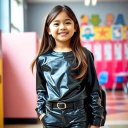 A fashionable young girl dressed in trendy black PVC jeans and a sleek black PVC shirt, radiating confidence and playful energy