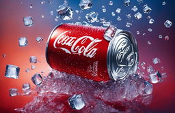 A glossy Coca-Cola can with condensation beads against a backdrop of clear ice cubes in a vibrant advertisement.