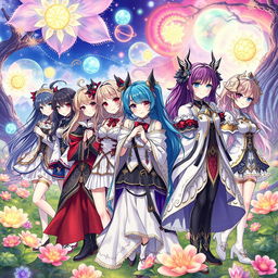 A line of beautiful anime-style women with detailed features and vibrant hair colors, displaying a variety of poses and expressions, wearing elaborate and eye-catching outfits, showcasing their unique personalities