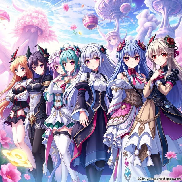 A line of beautiful anime-style women with detailed features and vibrant hair colors, displaying a variety of poses and expressions, wearing elaborate and eye-catching outfits, showcasing their unique personalities