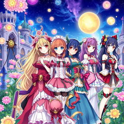 A line of beautiful anime-style women with detailed features and vibrant hair colors, displaying a variety of poses and expressions, wearing elaborate and eye-catching outfits, showcasing their unique personalities