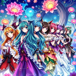A line of beautiful anime-style women with detailed features and vibrant hair colors, displaying a variety of poses and expressions, wearing elaborate and eye-catching outfits, showcasing their unique personalities