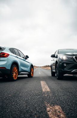 A dramatic scene on a deserted road featuring two cars: a light blue BMW X1 with orange wheels and a black Hilux, positioned on opposite sides