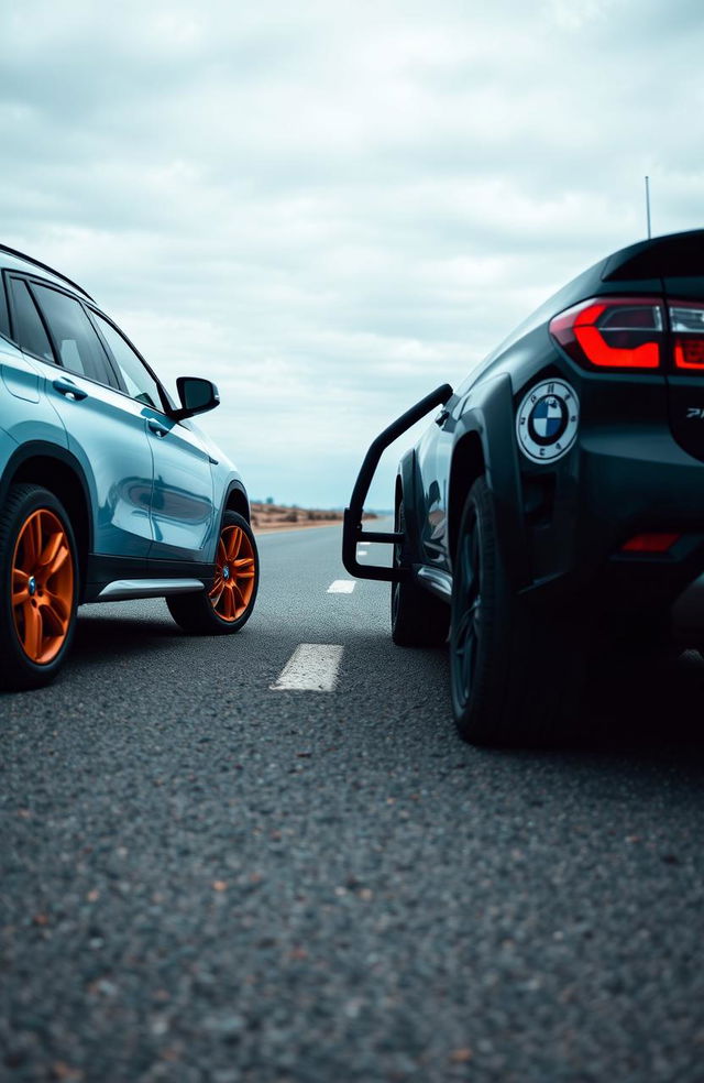 A dramatic scene on a deserted road featuring two cars: a light blue BMW X1 with orange wheels and a black Hilux, positioned on opposite sides