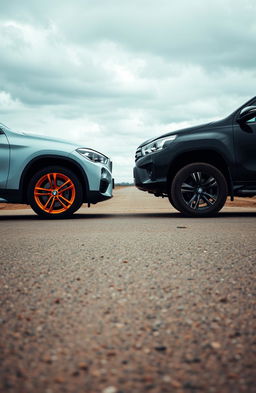 A dramatic scene on a deserted road featuring two cars: a light blue BMW X1 with orange wheels and a black Hilux, positioned on opposite sides