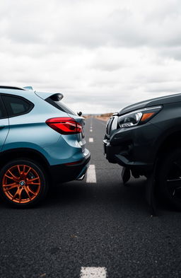 A dramatic scene on a deserted road featuring two cars: a light blue BMW X1 with orange wheels and a black Hilux, positioned on opposite sides