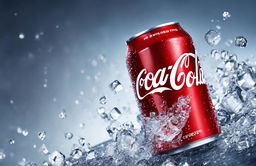 A glossy Coca-Cola can with condensation beads against a backdrop of clear ice cubes in a vibrant advertisement.