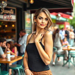 A beautiful and stylish woman aged 30-35, exuding confidence and elegance as she poses outdoors in a vibrant café setting