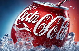 A glossy Coca-Cola can with condensation beads against a backdrop of clear ice cubes in a vibrant advertisement.