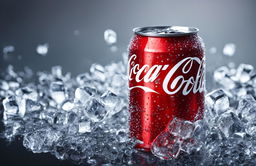 A glossy Coca-Cola can with condensation beads against a backdrop of clear ice cubes in a vibrant advertisement.