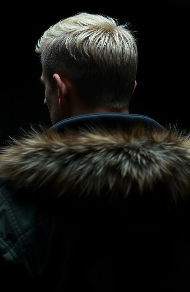 A tanned blonde man wearing a green jacket with fur on the hood, seen from the back