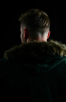 A tanned blonde man wearing a green jacket with fur on the hood, seen from the back