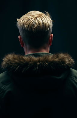 A tanned blonde man wearing a green jacket with fur on the hood, seen from the back