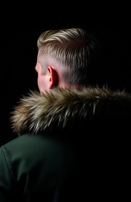 A tanned blonde man wearing a green jacket with fur on the hood, seen from the back