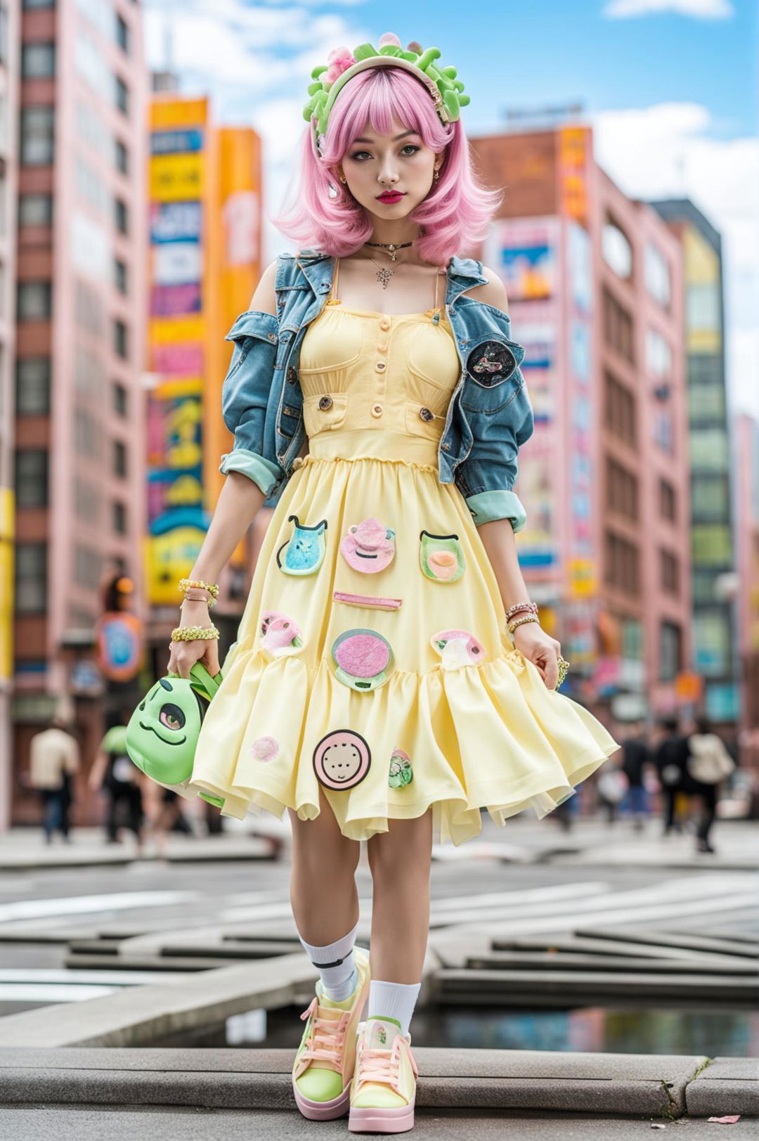 High fashion photograph of a model in a different sophisticated kawaii-inspired outfit, set against a vibrant cityscape.