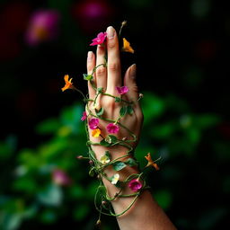 A captivating eBook cover featuring a hand elegantly wrapped in lush, green vines that bloom into beautiful, colorful flowers near the wrist