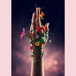 A captivating eBook cover featuring a hand elegantly wrapped in lush, green vines that bloom into beautiful, colorful flowers near the wrist