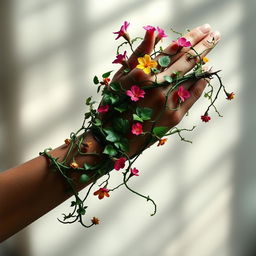 A captivating eBook cover featuring a hand elegantly wrapped in lush, green vines that bloom into beautiful, colorful flowers near the wrist