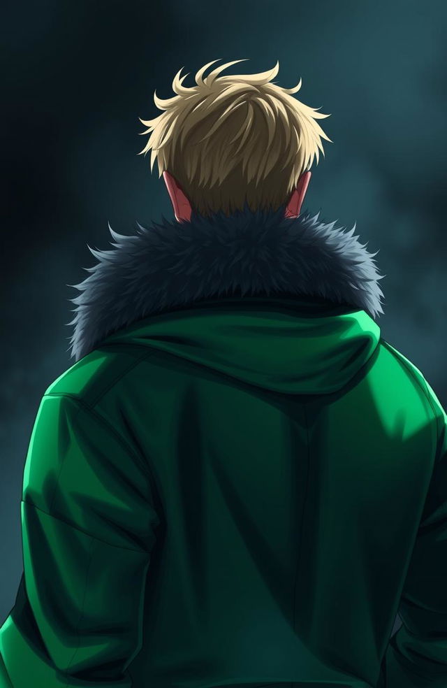 A tanned blonde man with short, tousled hair, wearing a vibrant green jacket with a fur-lined hood, seen from the back