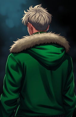 A tanned blonde man with short, tousled hair, wearing a vibrant green jacket with a fur-lined hood, seen from the back