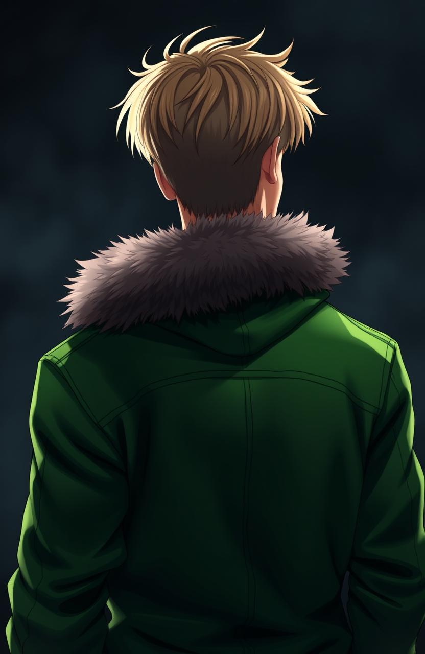 A tanned blonde man with short, tousled hair, wearing a vibrant green jacket with a fur-lined hood, seen from the back