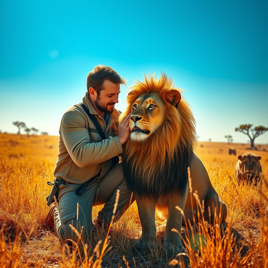 A powerful and emotional bond between a man and a lion, set in a vibrant savanna landscape under a bright blue sky