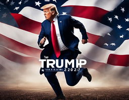 A dynamic digital advertisement featuring Donald Trump running for president in 2024 against an American flag backdrop