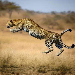 full length leopard leaping skyward