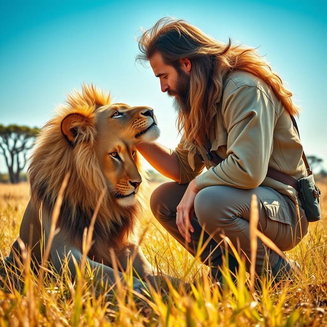 A powerful and emotional bond between a man and a lion, set in a vibrant savanna landscape under a bright blue sky