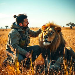A powerful and emotional bond between a man and a lion, set in a vibrant savanna landscape under a bright blue sky