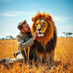 A powerful and emotional bond between a man and a lion, set in a vibrant savanna landscape under a bright blue sky