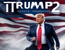 A dynamic digital advertisement featuring Donald Trump running for president in 2024 against an American flag backdrop