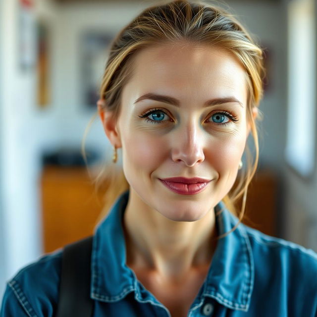 A 37-year-old woman with a European appearance, showcasing an attractive blend of Scandinavian, Slavic, and Mediterranean features