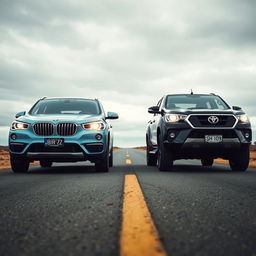 A poignant image depicting Roxy, a light blue BMW X1, and Sirius, a black Hilux, on opposite sides of a deserted road, with Sirius driving away and Roxy approaching