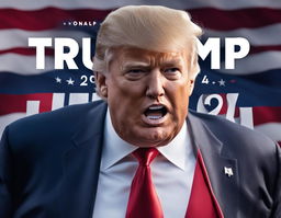 A dynamic digital advertisement featuring Donald Trump running for president in 2024 against an American flag backdrop