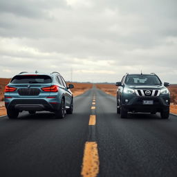 A poignant image depicting Roxy, a light blue BMW X1, and Sirius, a black Hilux, on opposite sides of a deserted road, with Sirius driving away and Roxy approaching
