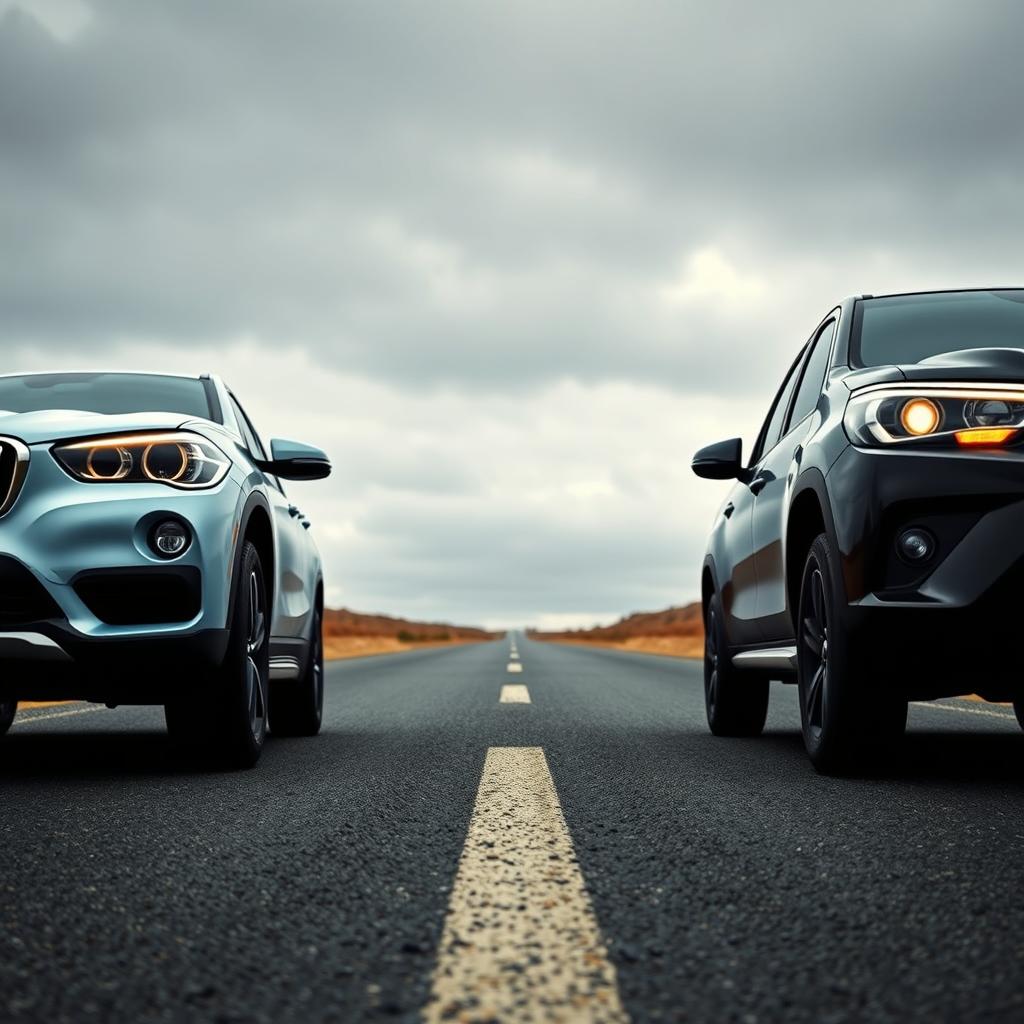 A poignant image depicting Roxy, a light blue BMW X1, and Sirius, a black Hilux, on opposite sides of a deserted road, with Sirius driving away and Roxy approaching