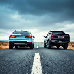 A poignant image depicting Roxy, a light blue BMW X1, and Sirius, a black Hilux, on opposite sides of a deserted road, with Sirius driving away and Roxy approaching