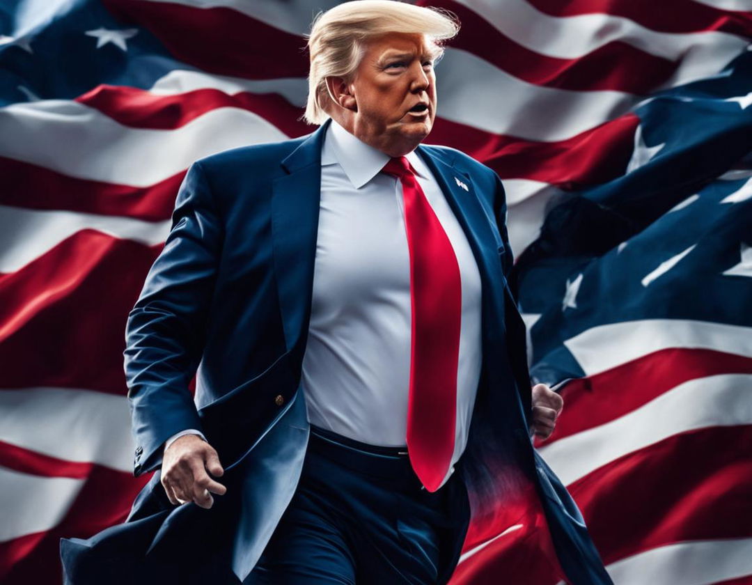 A dynamic digital advertisement featuring Donald Trump running for president in 2024 against an American flag backdrop