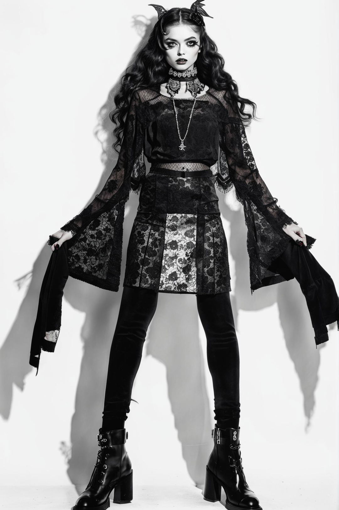 High fashion photograph featuring a model in a gothic-inspired day-to-day outfit