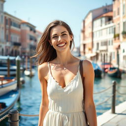 A cheerful brunette woman aged 25-35, wearing a light summer sundress, walking along the beautiful waterfront in Venice