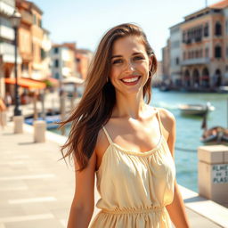 A cheerful brunette woman aged 25-35, wearing a light summer sundress, walking along the beautiful waterfront in Venice