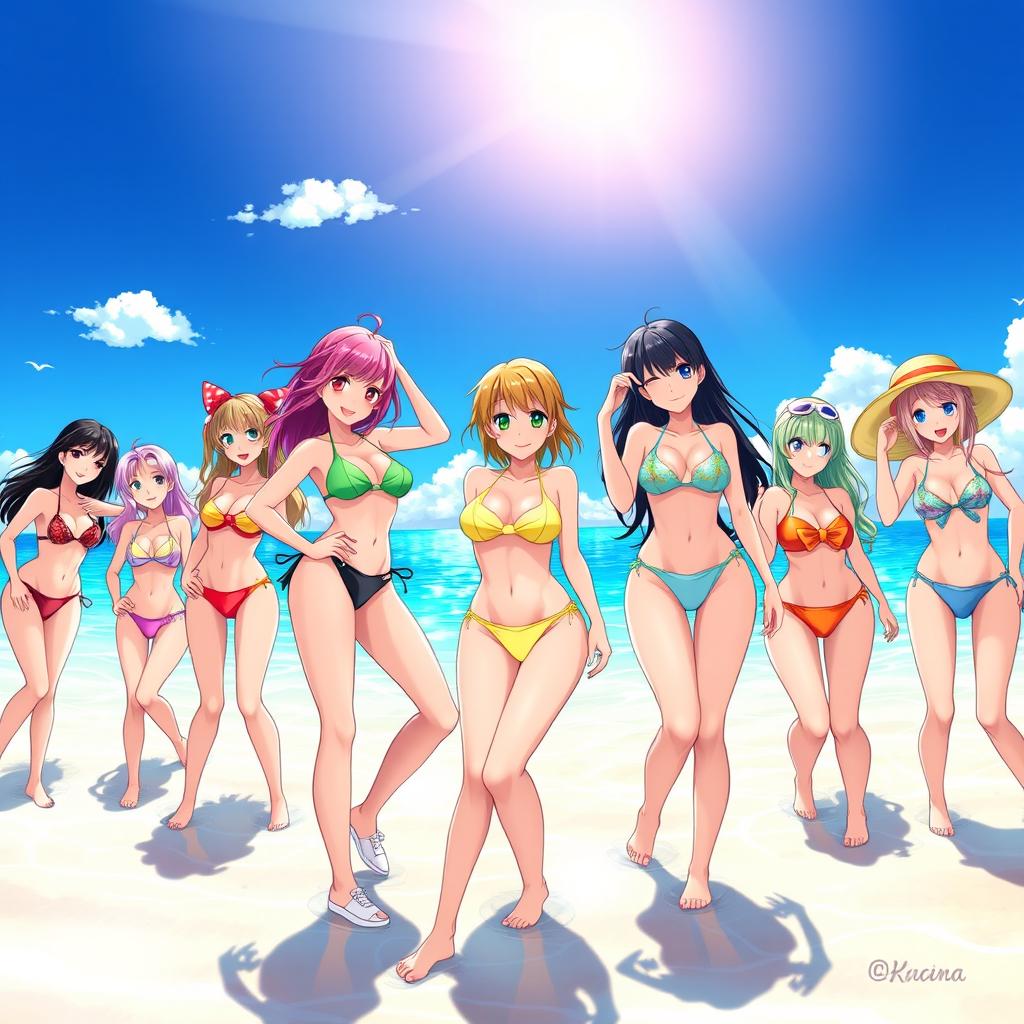 A group of stunning anime women in sexy bikinis enjoying a sunny beach day