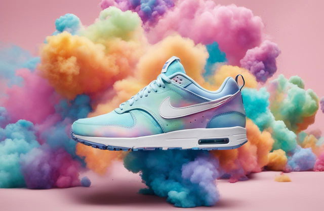 A Nike advertisement featuring a pair of sneakers amidst pastel-colored explosions.