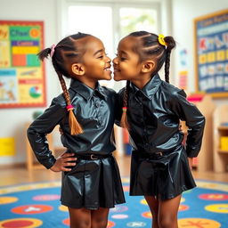A cute and playful scene featuring two six-year-old school girls in stylish, shiny black latex school uniforms
