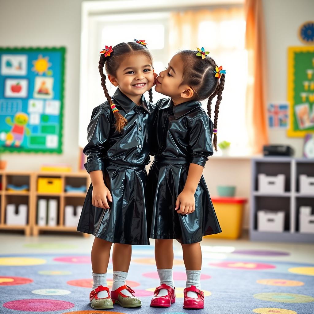 A cute and playful scene featuring two six-year-old school girls in stylish, shiny black latex school uniforms