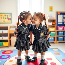 A cute and playful scene featuring two six-year-old school girls in stylish, shiny black latex school uniforms
