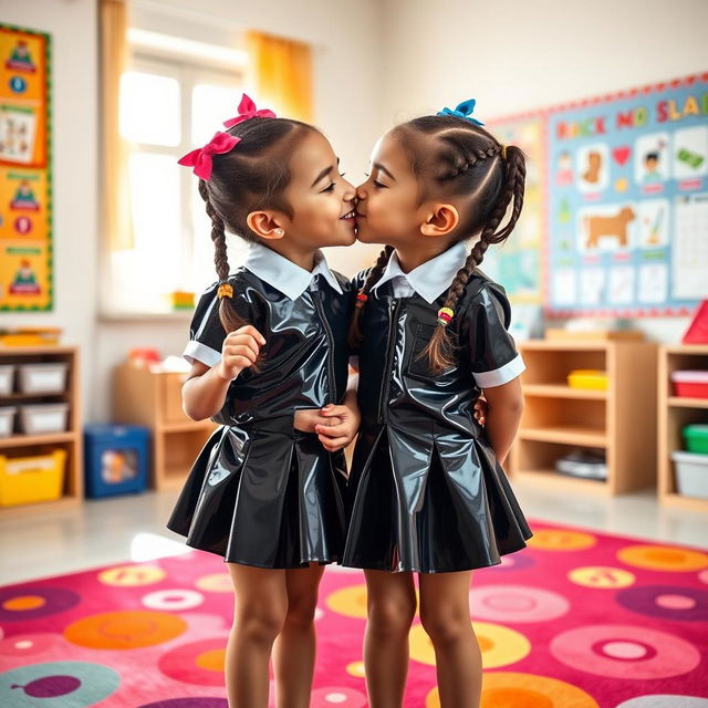 A cute and playful scene featuring two six-year-old school girls in stylish, shiny black latex school uniforms