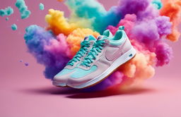 A Nike advertisement featuring a pair of sneakers amidst pastel-colored explosions.