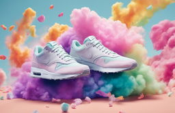 A Nike advertisement featuring a pair of sneakers amidst pastel-colored explosions.